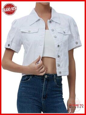Short Sleeve Cropped Denim Jacket Casual Puff Summer Jean Coat